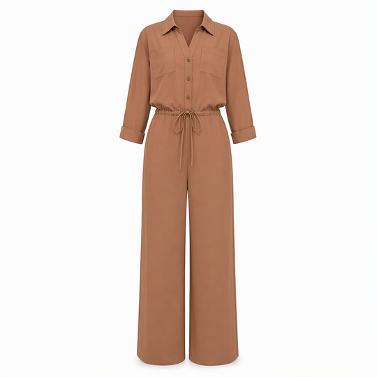 Women's Solid Color Lapel Collar Shirt Style Jumpsuit with Waist Tie for Casual Commuter Wear