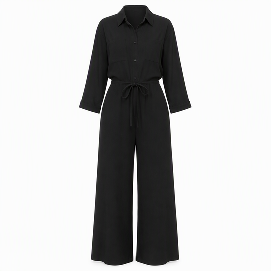 Women's Solid Color Lapel Collar Shirt Style Jumpsuit with Waist Tie for Casual Commuter Wear
