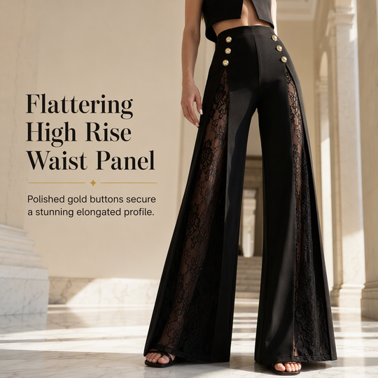 Women's High Waisted Lace Spliced Wide Leg Trousers with Decorative Gold Buttons