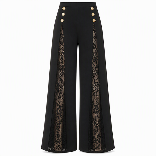 Women's High Waisted Lace Spliced Wide Leg Trousers with Decorative Gold Buttons