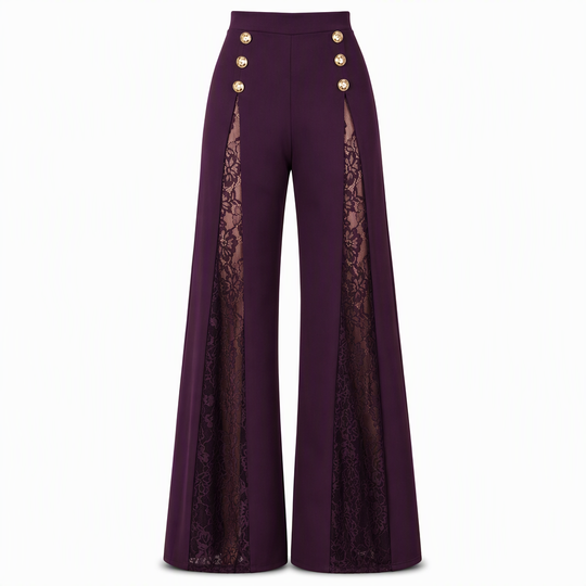 Women's High Waisted Lace Spliced Wide Leg Trousers with Decorative Gold Buttons