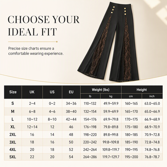 Women's High Waisted Lace Spliced Wide Leg Trousers with Decorative Gold Buttons