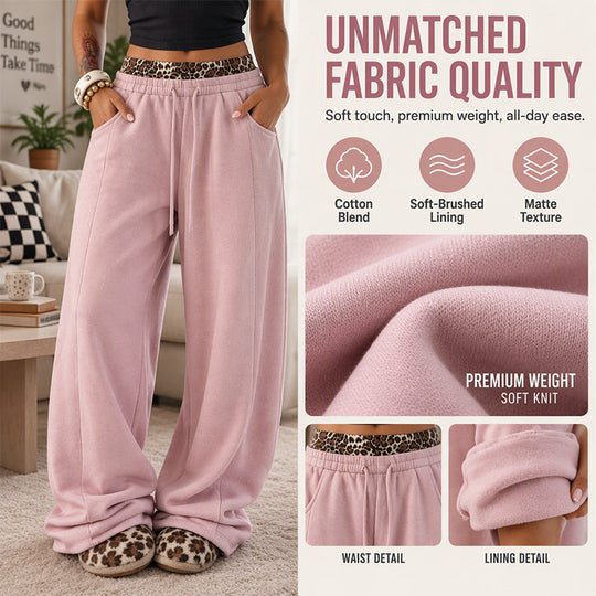 💖Black Friday Mega Deal – 50% off!💖🐆Women’s Contrast Leopard Waistband Wide Leg Sweatpants, Soft Casual Patchwork Trousers👖