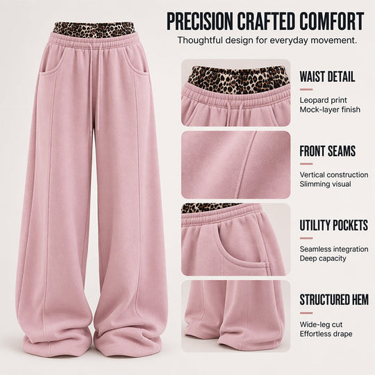 💖Black Friday Mega Deal – 50% off!💖🐆Women’s Contrast Leopard Waistband Wide Leg Sweatpants, Soft Casual Patchwork Trousers👖