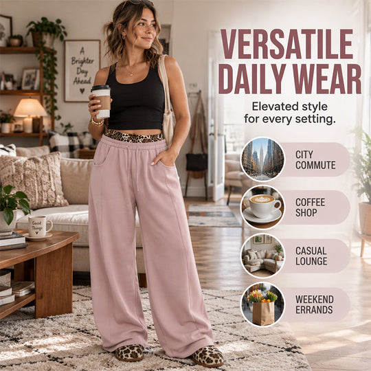 💖Black Friday Mega Deal – 50% off!💖🐆Women’s Contrast Leopard Waistband Wide Leg Sweatpants, Soft Casual Patchwork Trousers👖