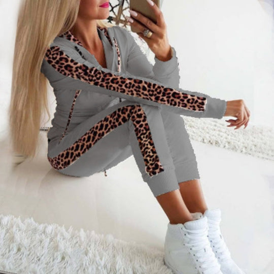 ✨Women's Leopard Print Long Sleeve Zipper Sweatshirt and Pants Set