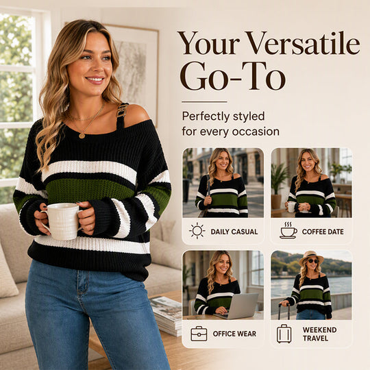 💖Black Friday Mega Deal – 50% off!💖Women's Casual Off Shoulder Striped Sweater