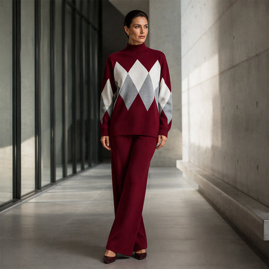 💖Black Friday Mega Deal – 50% off!💖Women's Argyle Knit Sweater & Wide-Leg Pants Set