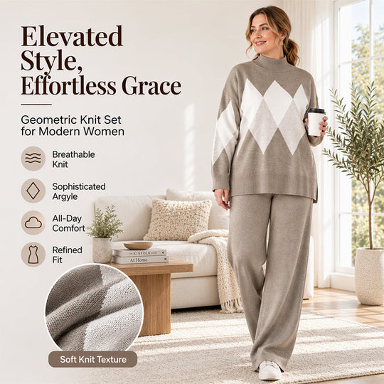 💖Black Friday Mega Deal – 50% off!💖Women's Argyle Knit Sweater & Wide-Leg Pants Set