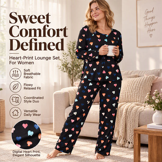 💖Black Friday Mega Deal – 50% off!💖Women's Heart Print Long Sleeve Pajama Set