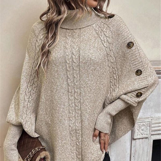 Women's Elegant High-Neck Asymmetrical Hem Cape Sweater