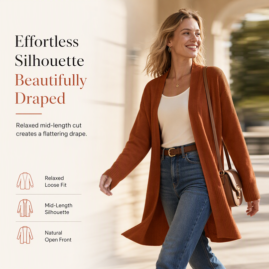 Women's Mid-Length Open Front Knit Cardigan Sweater with Ribbed Cuffs