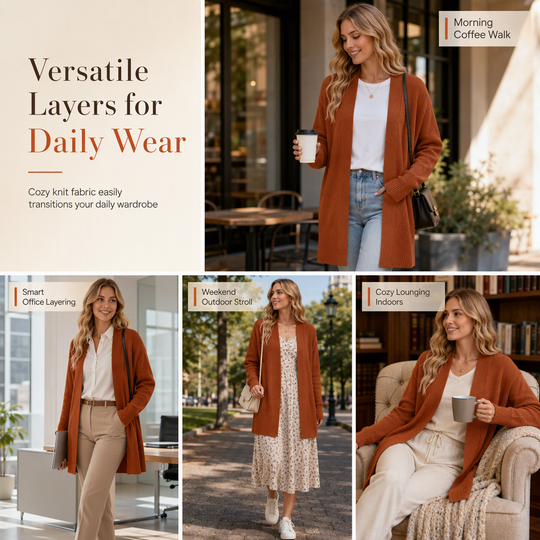 Women's Mid-Length Open Front Knit Cardigan Sweater with Ribbed Cuffs