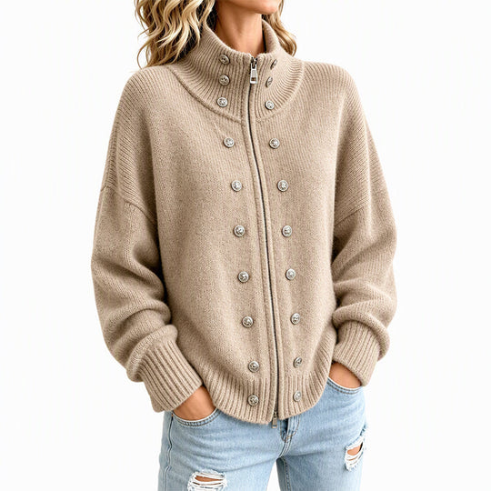 Women's Stand Collar Double-Breasted Knit Cardigan