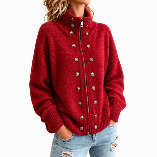 Women's Stand Collar Double-Breasted Knit Cardigan