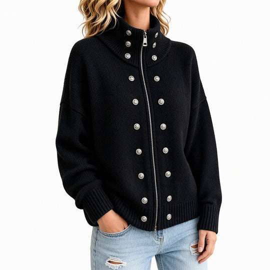 Women's Stand Collar Double-Breasted Knit Cardigan