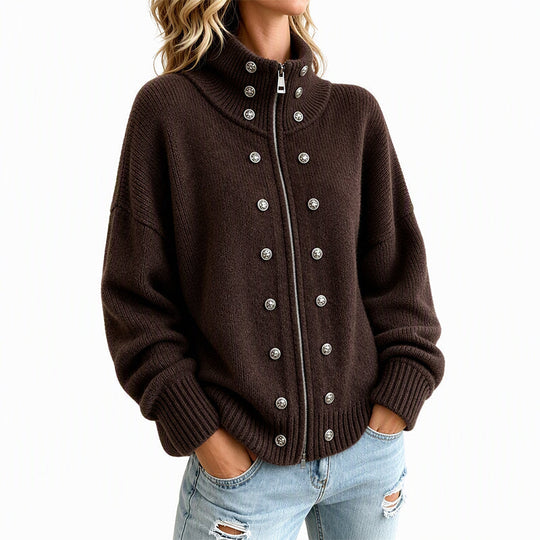 Women's Stand Collar Double-Breasted Knit Cardigan