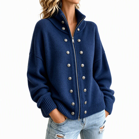 Women's Stand Collar Double-Breasted Knit Cardigan