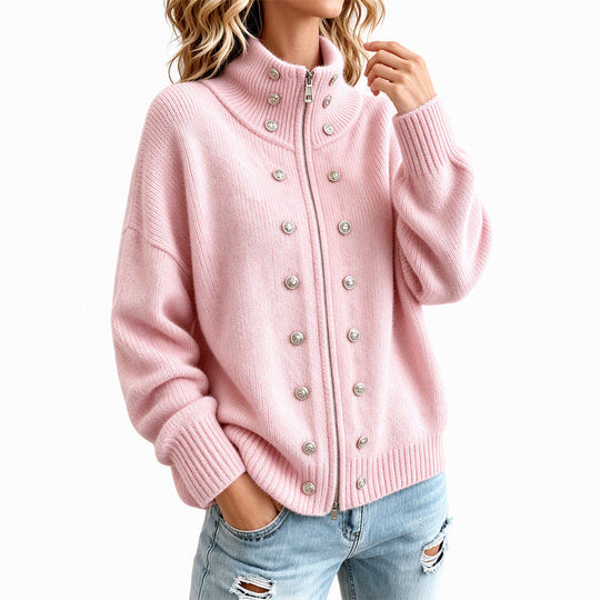 Women's Stand Collar Double-Breasted Knit Cardigan