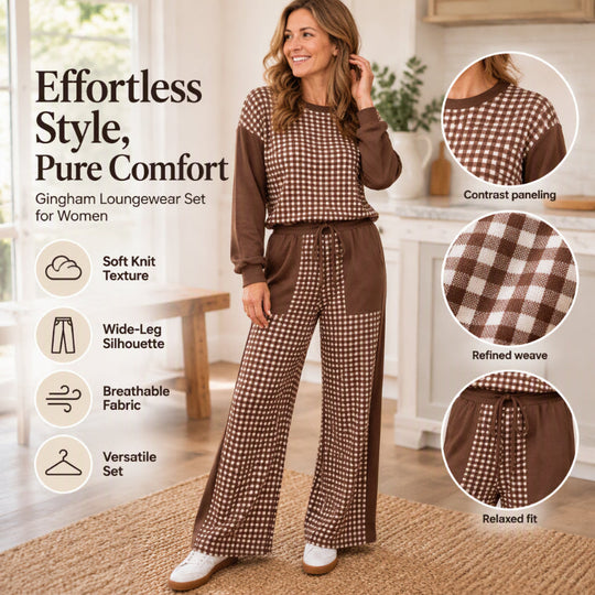 💖Black Friday Mega Deal – 50% off!💖✨Women's Gingham Long Sleeve Top & Wide-Leg Pants Set