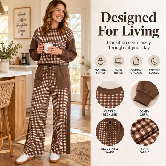 💖Black Friday Mega Deal – 50% off!💖✨Women's Gingham Long Sleeve Top & Wide-Leg Pants Set