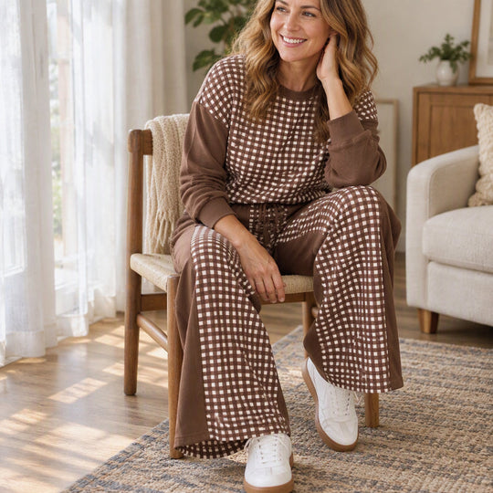 💖Black Friday Mega Deal – 50% off!💖✨Women's Gingham Long Sleeve Top & Wide-Leg Pants Set