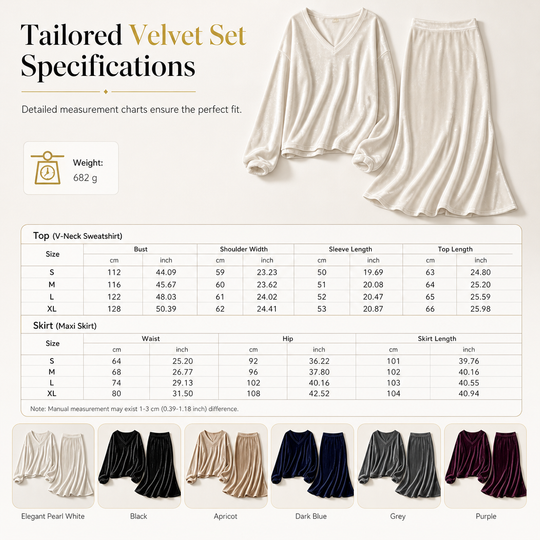 Women's Solid Color Velvet Two Piece Set with Deep V Neck Loose Sweatshirt and Flared Maxi Skirt