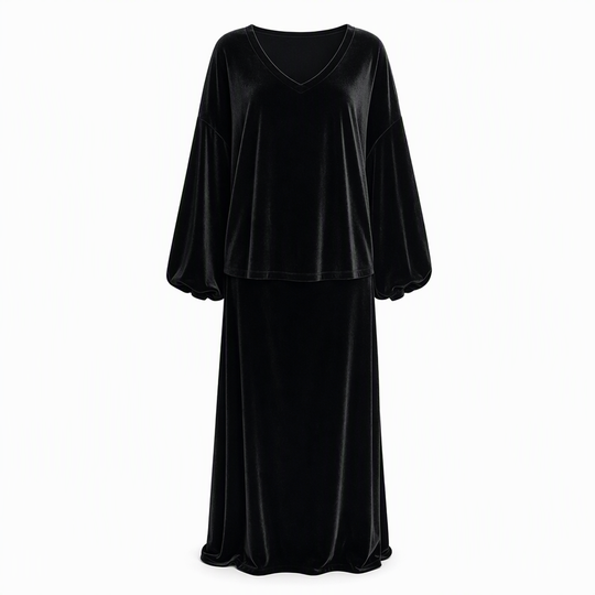 Women's Solid Color Velvet Two Piece Set with Deep V Neck Loose Sweatshirt and Flared Maxi Skirt