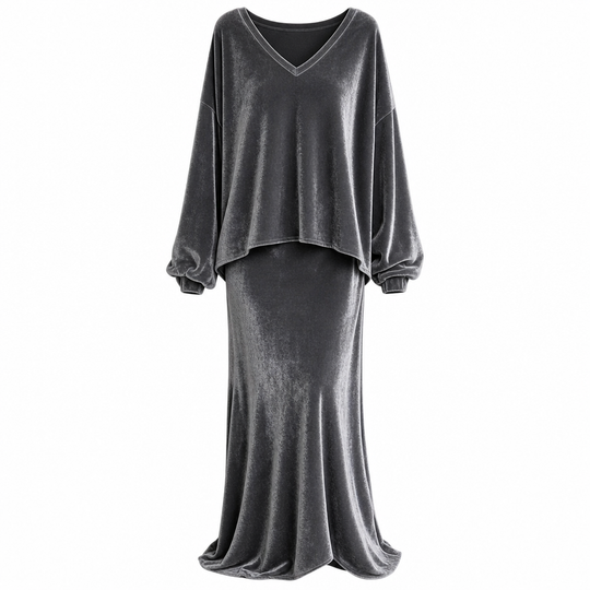 Women's Solid Color Velvet Two Piece Set with Deep V Neck Loose Sweatshirt and Flared Maxi Skirt