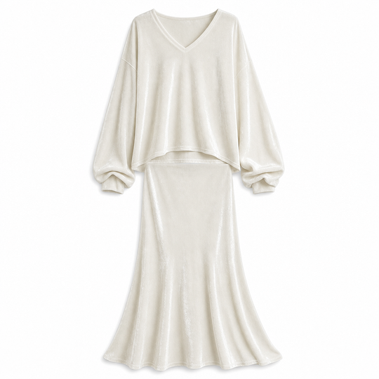 Women's Solid Color Velvet Two Piece Set with Deep V Neck Loose Sweatshirt and Flared Maxi Skirt