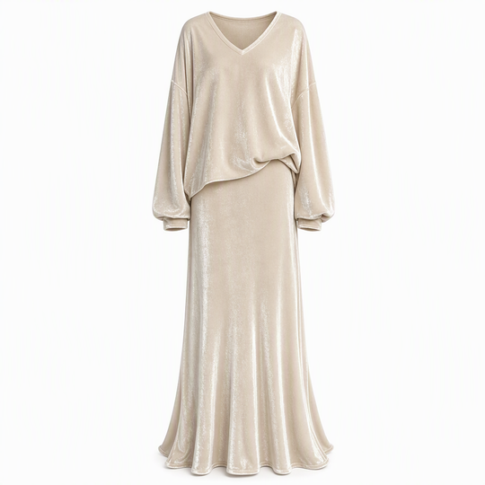 Women's Solid Color Velvet Two Piece Set with Deep V Neck Loose Sweatshirt and Flared Maxi Skirt