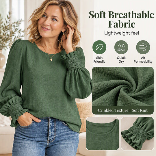 Women's Elegant Crewneck Smocked Cuff Top