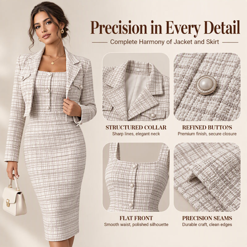 🎀 Elegant Cropped Jacket & Slim Dress Set – Feminine Fit & Versatile Styling
