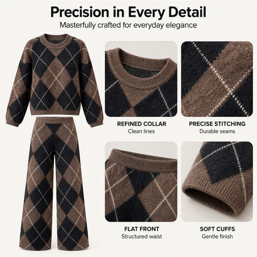 💖Black Friday Mega Deal – 50% off!💖Women's Argyle Knit Sweater & Wide-Leg Pants Set