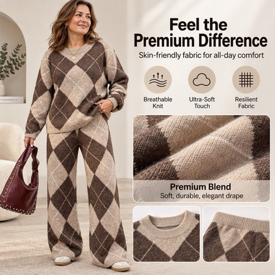 💖Black Friday Mega Deal – 50% off!💖Women's Argyle Knit Sweater & Wide-Leg Pants Set