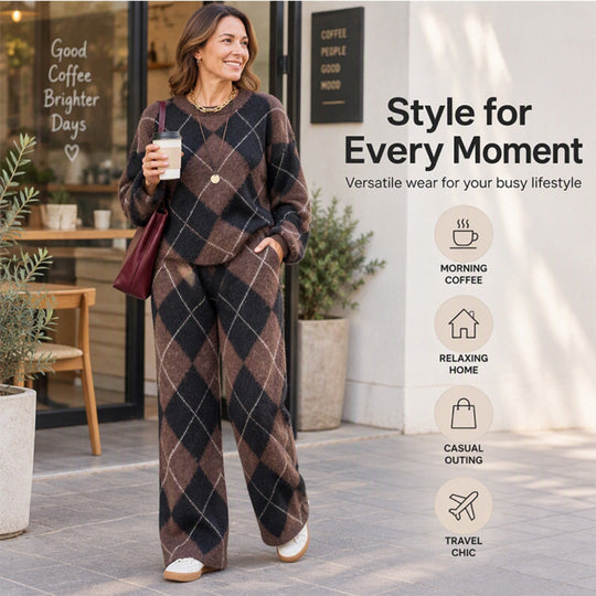 💖Black Friday Mega Deal – 50% off!💖Women's Argyle Knit Sweater & Wide-Leg Pants Set