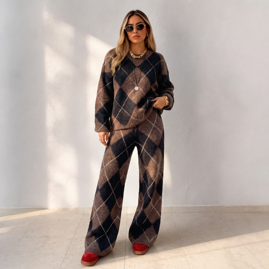 💖Black Friday Mega Deal – 50% off!💖Women's Argyle Knit Sweater & Wide-Leg Pants Set