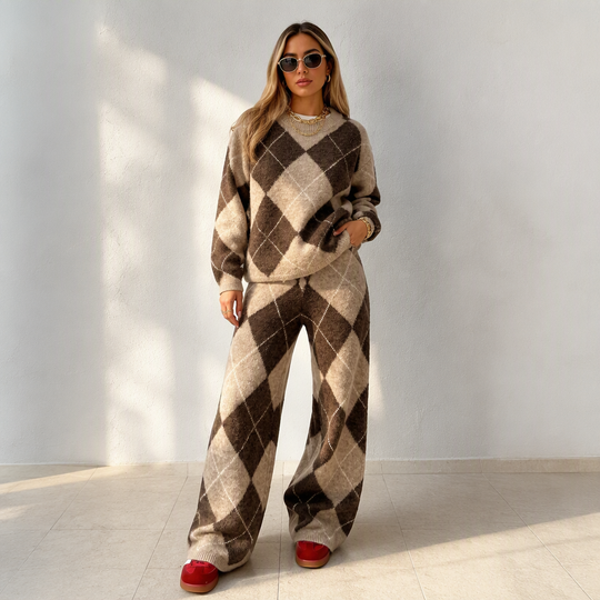 💖Black Friday Mega Deal – 50% off!💖Women's Argyle Knit Sweater & Wide-Leg Pants Set
