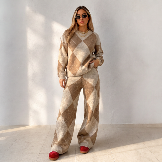 💖Black Friday Mega Deal – 50% off!💖Women's Argyle Knit Sweater & Wide-Leg Pants Set