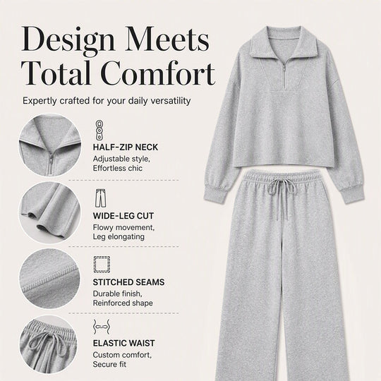 Women's Half-Zip Lapel Top and Wide-Leg Pants Set