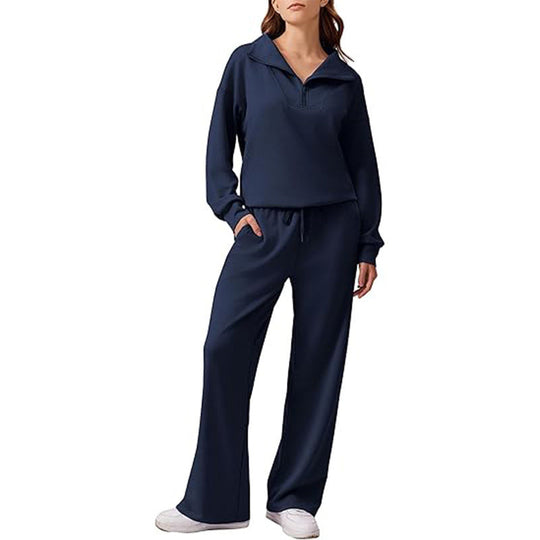Women's Half-Zip Lapel Top and Wide-Leg Pants Set