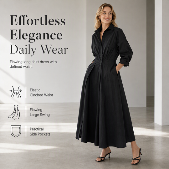 🖤Black Friday Sale:50% OFF🖤 😎 Elegant Women Cotton Linen Solid Color Shirt Dress with Turn Down Collar Elastic Waist