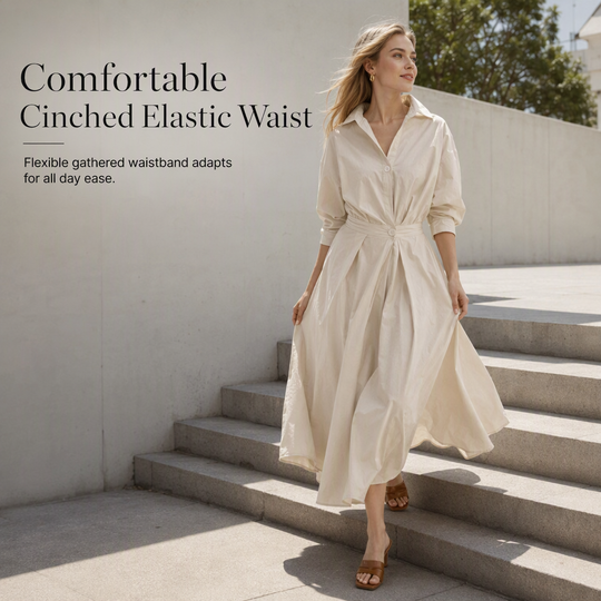 🖤Black Friday Sale:50% OFF🖤 😎 Elegant Women Cotton Linen Solid Color Shirt Dress with Turn Down Collar Elastic Waist