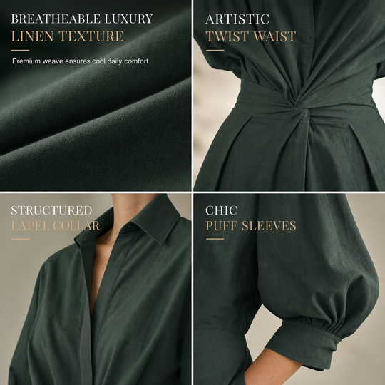 🖤Black Friday Sale:50% OFF🖤 😎 Elegant Women Cotton Linen Solid Color Shirt Dress with Turn Down Collar Elastic Waist