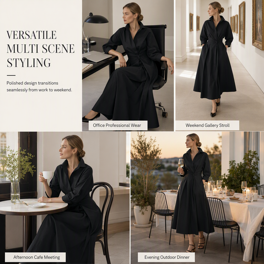 🖤Black Friday Sale:50% OFF🖤 😎 Elegant Women Cotton Linen Solid Color Shirt Dress with Turn Down Collar Elastic Waist