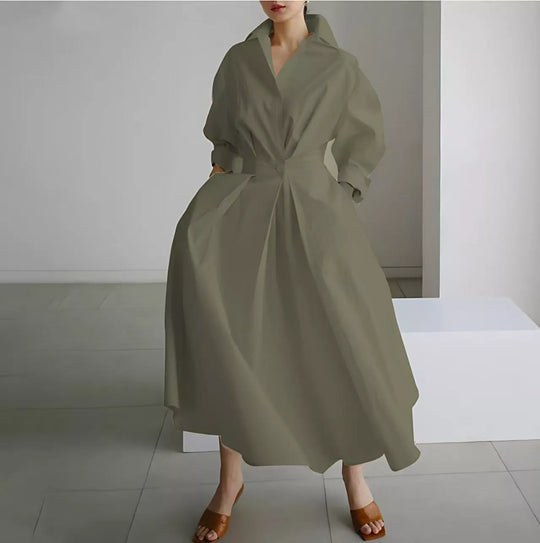 🖤Black Friday Sale:50% OFF🖤 😎 Elegant Women Cotton Linen Solid Color Shirt Dress with Turn Down Collar Elastic Waist
