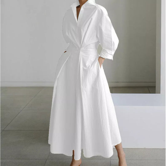 🖤Black Friday Sale:50% OFF🖤 😎 Elegant Women Cotton Linen Solid Color Shirt Dress with Turn Down Collar Elastic Waist