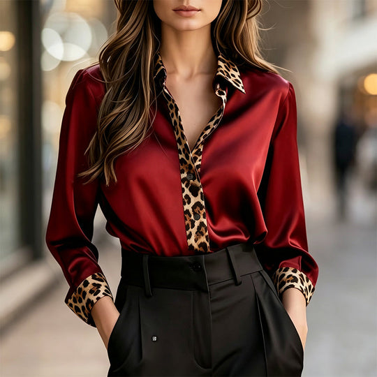 ✨Silky Satin, Elegant Comfort – Women's Leopard Patchwork Blouse ✨