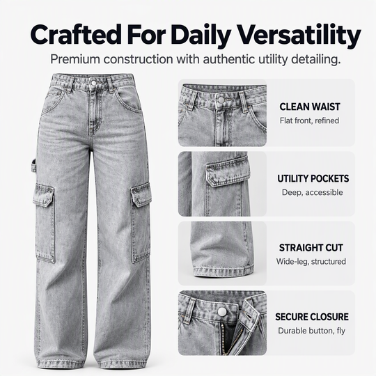 Women's High-Waisted Stretch Denim Cargo Pants