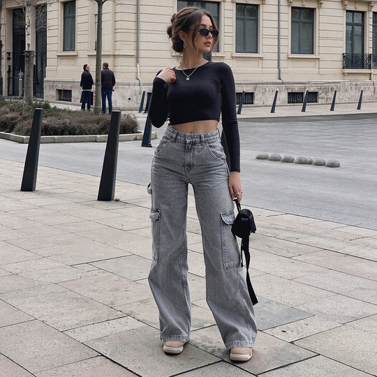 Women's High-Waisted Stretch Denim Cargo Pants